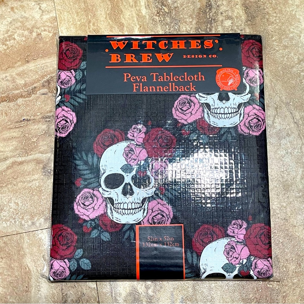 BNIP Halloween PEVA Flannelback square Tablecloth Skulls Flowers Floral Pink Red